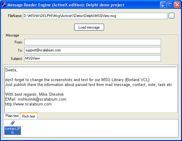 Delphi demo for Message Reader engine