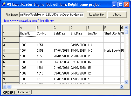 Delphi demo for Excel Reader engine